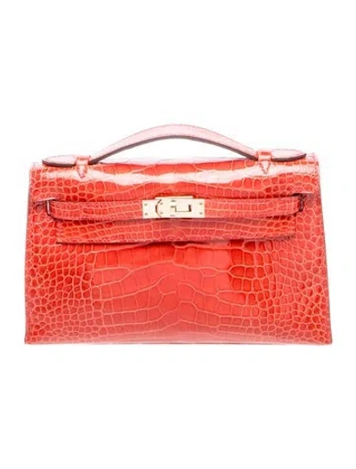 Pre-owned Hermes Shiny Alligator Kelly Pochette In Red