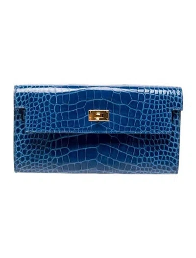 Pre-owned Hermes Shiny Alligator Kelly To Go Wallet In Blue