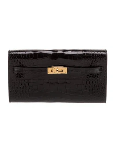 Pre-owned Hermes Shiny Alligator Kelly To Go Wallet W/ Tags In Black