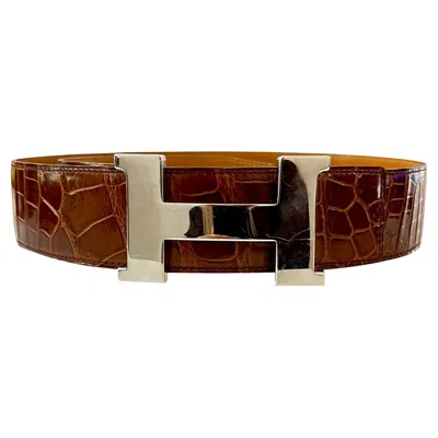 Pre-owned Hermes Shiny Crocodile Skin Belt With Large 'h' Palladium Buckle In Brown