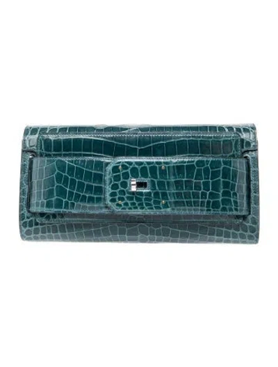 Pre-owned Hermes Shiny Niloticus Crocodile Clutch In Blue