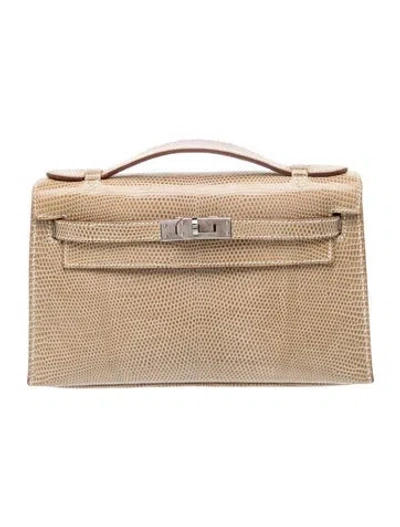 Pre-owned Hermes Shiny Varanus Niloticus Lizard Kelly Pochette In Neutral