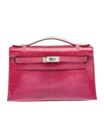 Pre-owned Hermes Shiny Varanus Niloticus Lizard Kelly Pochette In Pink