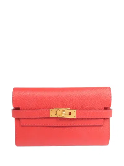 Pre-owned Hermes Short Kelly Leather Wallet In Red