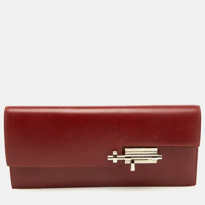 Pre-owned Hermes Sienne Box Calf Leather Palladium Finish Verrou Clutch In Brown