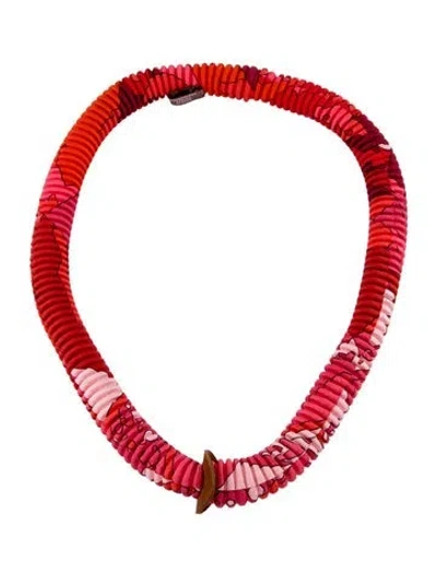 Pre-owned Hermes Silk & Leather Collier Plisse Petit H Necklace, 24" In Multi