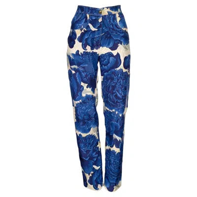 Pre-owned Hermes Hermès Silk Blue On White "les Pivoines" Pants