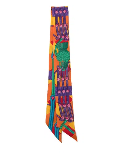 Pre-owned Hermes Silk Cord Printed Silk Twilly In Orange