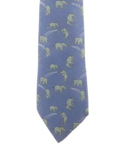 Pre-owned Hermes Silk Elephant Print Skinny Tie In Blue