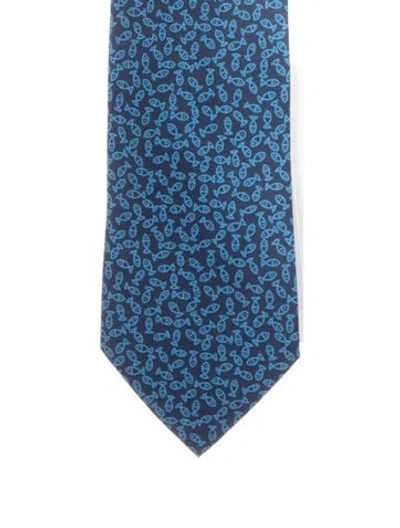 Pre-owned Hermes Silk Felt Blue Pattern Printed Tie With Tags