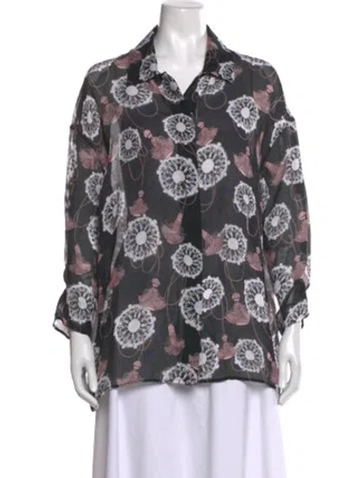 Pre-owned Hermes Silk Floral Print Blouse In Black