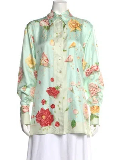 Pre-owned Hermes Silk Floral Print Blouse In Green
