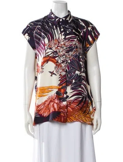 Pre-owned Hermes Silk Floral Print Blouse In Neutral