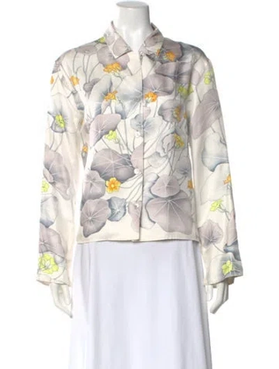 Pre-owned Hermes Silk Floral Print Blouse In White