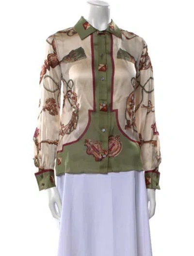 Pre-owned Hermes Silk Floral Print Button-up Top In Neutral
