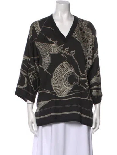 Pre-owned Hermes Silk Graphic Print Blouse In Black