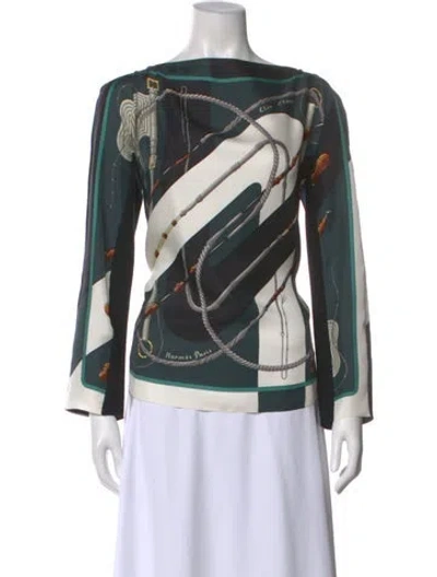 Pre-owned Hermes Silk Graphic Print Blouse In Green