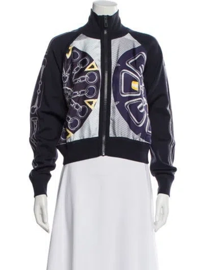 Pre-owned Hermes Silk Graphic Print Bomber Jacket In Blue
