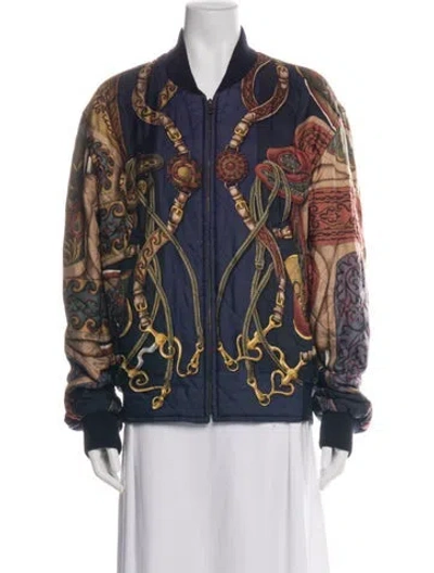 Pre-owned Hermes Silk Graphic Print Bomber Jacket In Blue