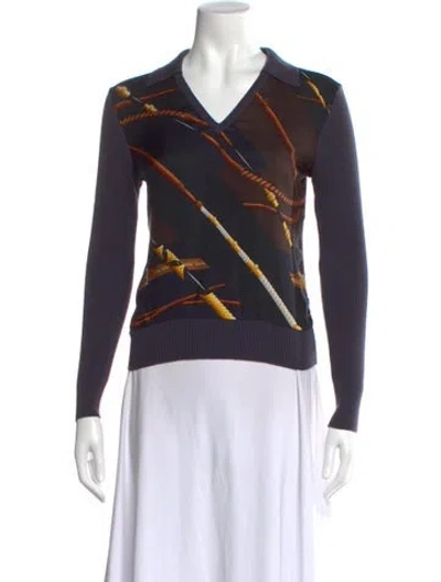 Pre-owned Hermes Silk Graphic Print Top In Blue