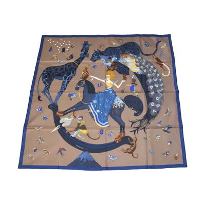 Pre-owned Hermes Silk " Story" Square Scarf 90 Marron Glace Blue
