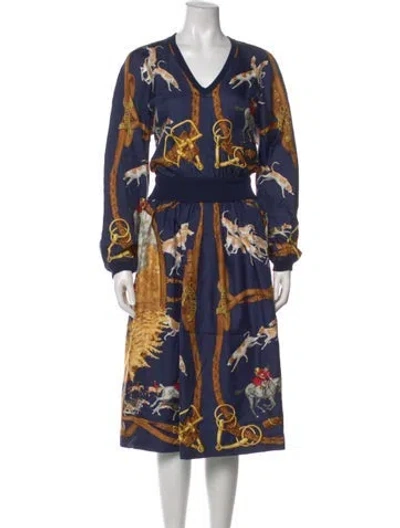 Pre-owned Hermes Silk Midi Length Dress In Blue