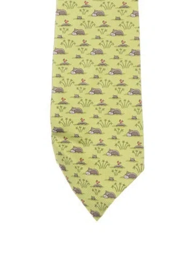 Pre-owned Hermes Silk Pattern Print Neck Tie In Green
