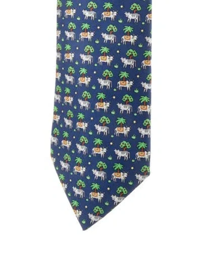 Pre-owned Hermes Silk Pattern Tie In Blue