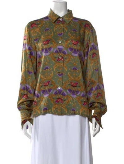 Pre-owned Hermes Silk Patterned Button-up Top In Green