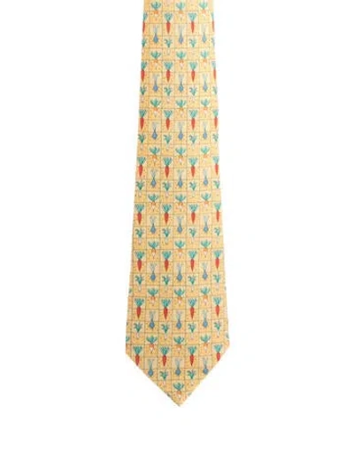 Pre-owned Hermes Silk Patterned Men's Tie In Yellow