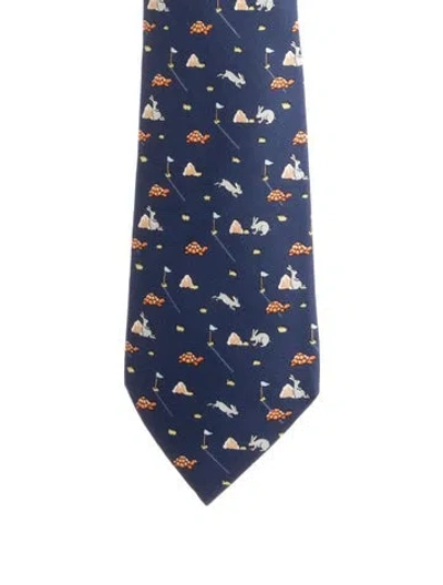 Pre-owned Hermes Silk Patterned Print Tie. In Blue