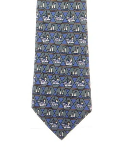 Pre-owned Hermes Silk Patterned Tie In Blue