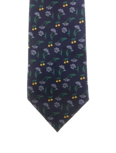 Pre-owned Hermes Silk Patterned Tie In Blue