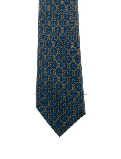 Pre-owned Hermes Silk Patterned Tie In Blue