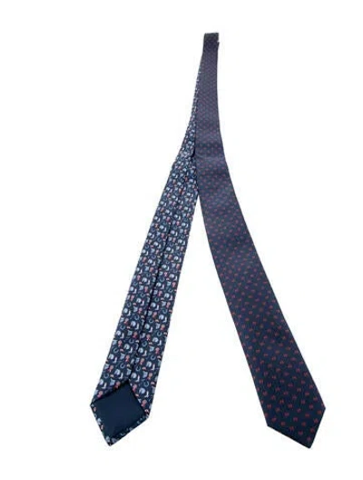 Pre-owned Hermes Silk Patterned Tie In Blue