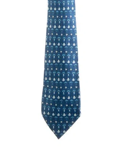 Pre-owned Hermes Silk Patterned Tie In Blue