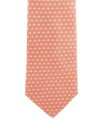 Pre-owned Hermes Silk Patterned Tie In Orange