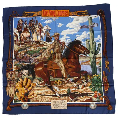 Pre-owned Hermes Silk Pony Express Navy Blue Celeste Scarf
