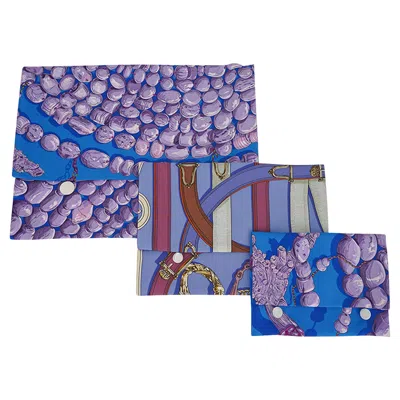 Pre-owned Hermes Silk Pouches Scarf Prints Set Of Three Terres Precieuses And Cavalcadour In Purple