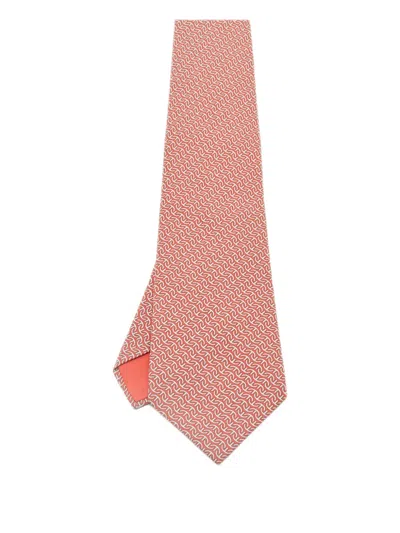 Pre-owned Hermes Silk Print Tie In Orange