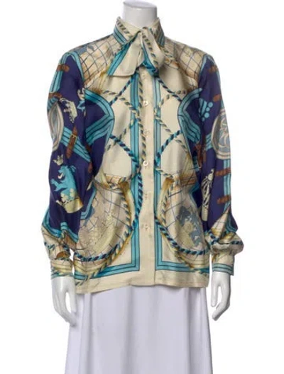 Pre-owned Hermes Silk Printed Blouse In Blue