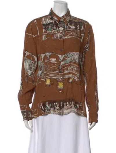 Pre-owned Hermes Silk Printed Blouse In Brown