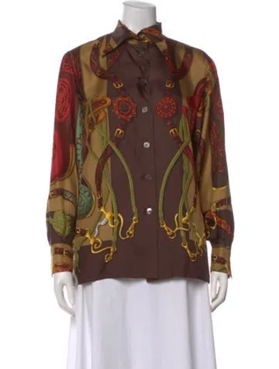 Pre-owned Hermes Silk Printed Blouse In Brown