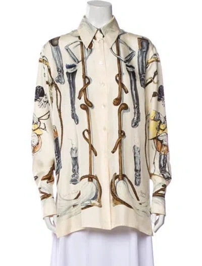 Pre-owned Hermes Silk Printed Blouse In White