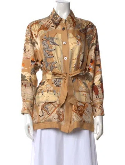 Pre-owned Hermes Silk Printed Button-up Top In Neutral
