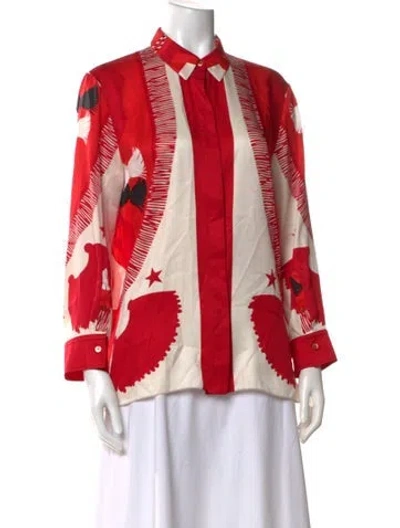Pre-owned Hermes Silk Printed Button-up Top In Red