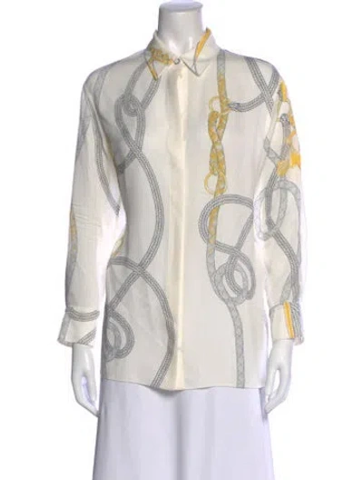 Pre-owned Hermes Silk Printed Button-up Top In White