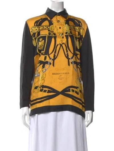 Pre-owned Hermes Silk Printed Polo In Black/grey/yellow