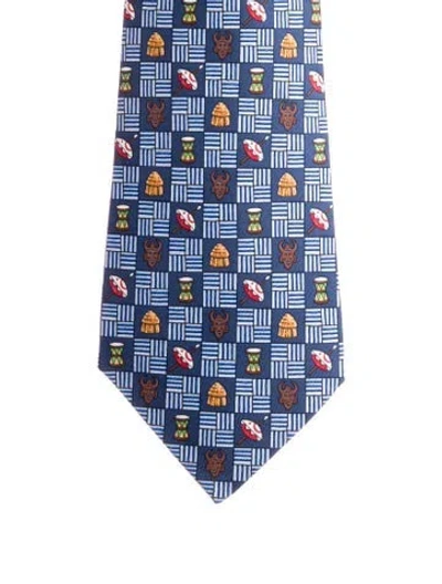 Pre-owned Hermes Silk Printed Tie In Blue