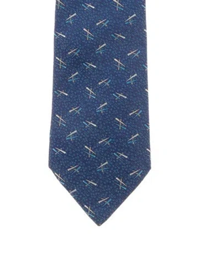 Pre-owned Hermes Silk Printed Tie In Blue